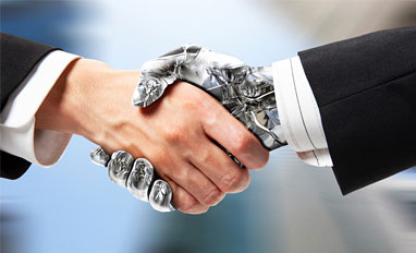 AI Is Becoming a Trusted Sidekick for Legal and HR Departments- A robot handshake