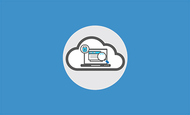 A blue and gray graphic of a cloud and a laptop with files, a magnifying glass, and a padlock 